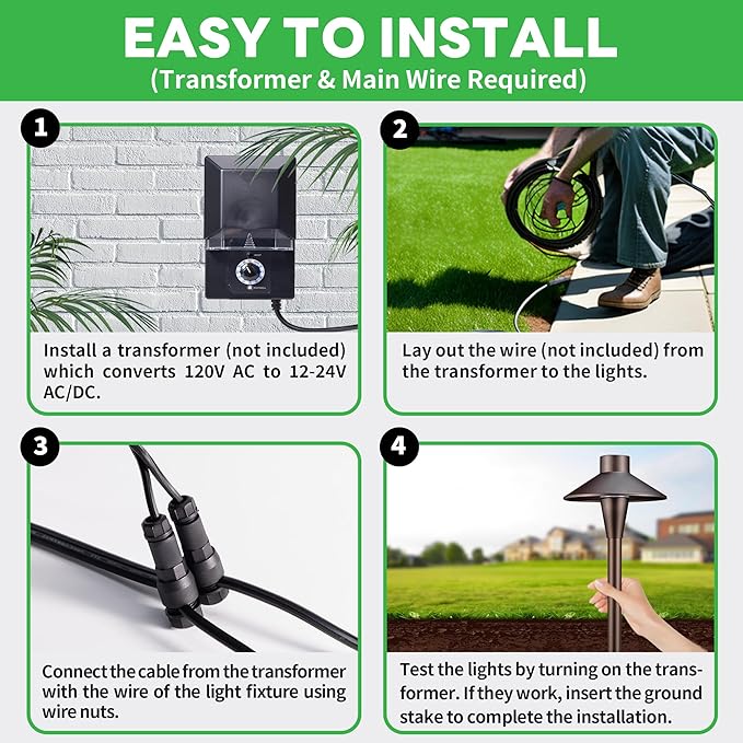 LED Pathway Lights Wired, 12V Landscape Path Lights 3000K/4000K/5000K Adjustable, Low Voltage Outdoor Waterproof, 5W 150LM ORB Aluminum for Lawn Garden 8 Pack