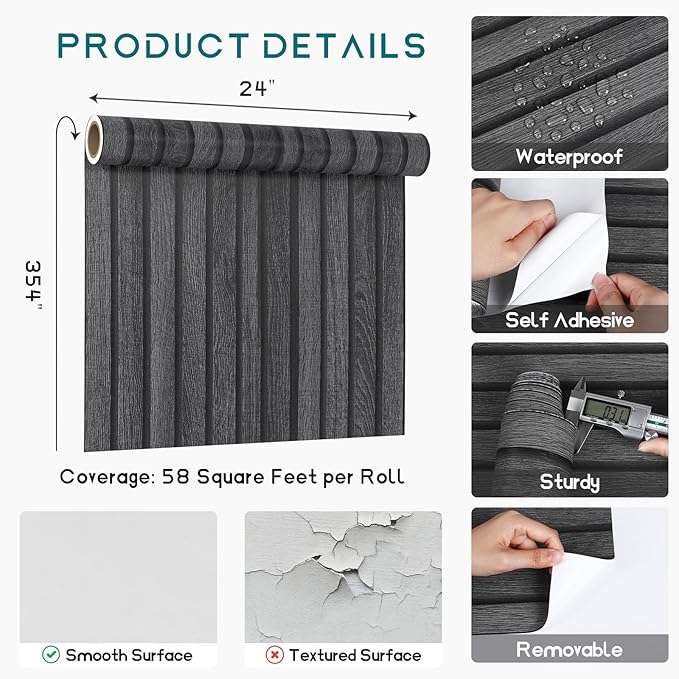 VEELIKE Charcoal Black Wood Slat Wallpaper Peel and Stick Modern Wood Panel