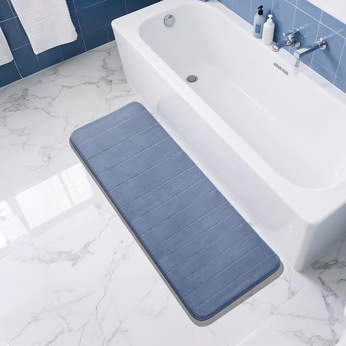 Yimobra Bathroom Runner 55"x24", Non Slip Memory Foam Bath Mat, Super Soft Water Absorbent Hallway Carpet, Machine Washable Rug for Vanity Tub Shower, Denim Blue