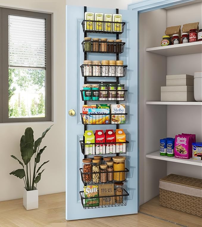 12 Inch Wide Narrow Over The Door Pantry Organizer, Pantry Organization and Storage, Black 8-Tier Metal Hanging Deep Basket Wall Spice Rack Seasoning Shelves, Home & Kitchen Essentials