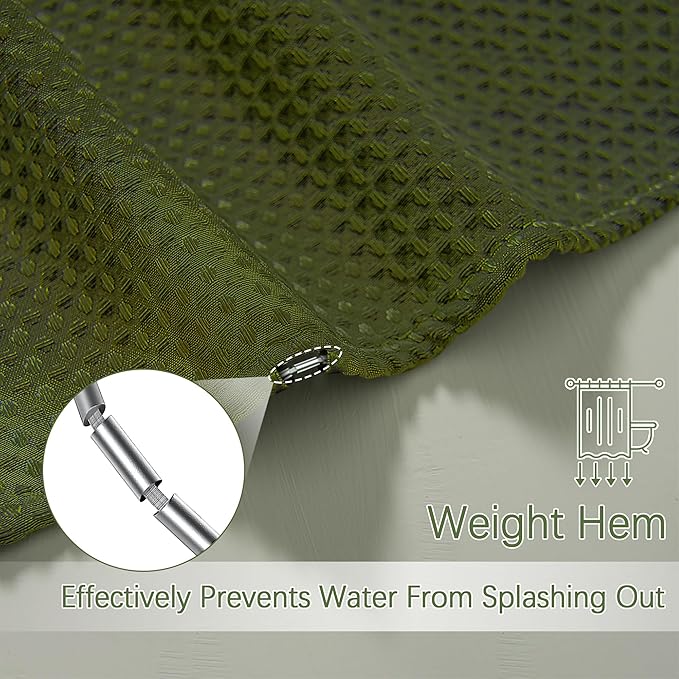 Extra Long Dark Green Waffle Shower Curtain, Heavy Duty 256GSM Fabric Curtains with Weave Hotel Quality Bathroom Curtains, 72 x 84 Inches