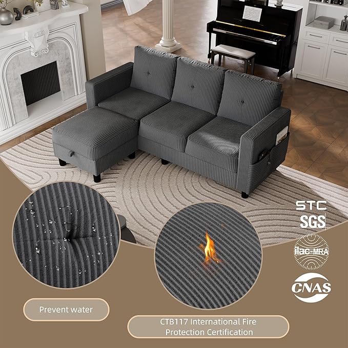 JAMFLY Convertible Sectional Couches for Living Room, L-Shaped Couch 3 Seat Sectional Sofa Set with Corduroy Fabric and Movable Ottoman Small Couch for Apartments, Office(Dark Grey)