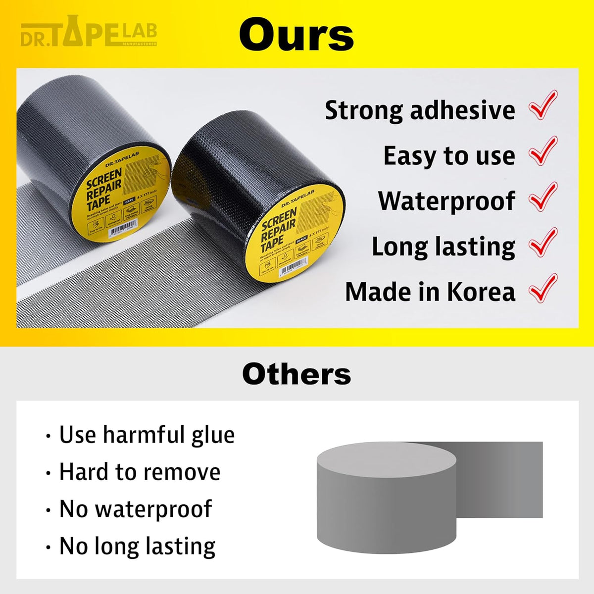 Black Window Screen Repair Tape, 2 in X 15 FT, Screen Repair Kit for Windows or Doors, Strong Adhesive Patch Kit Fiberglass Mesh Tape