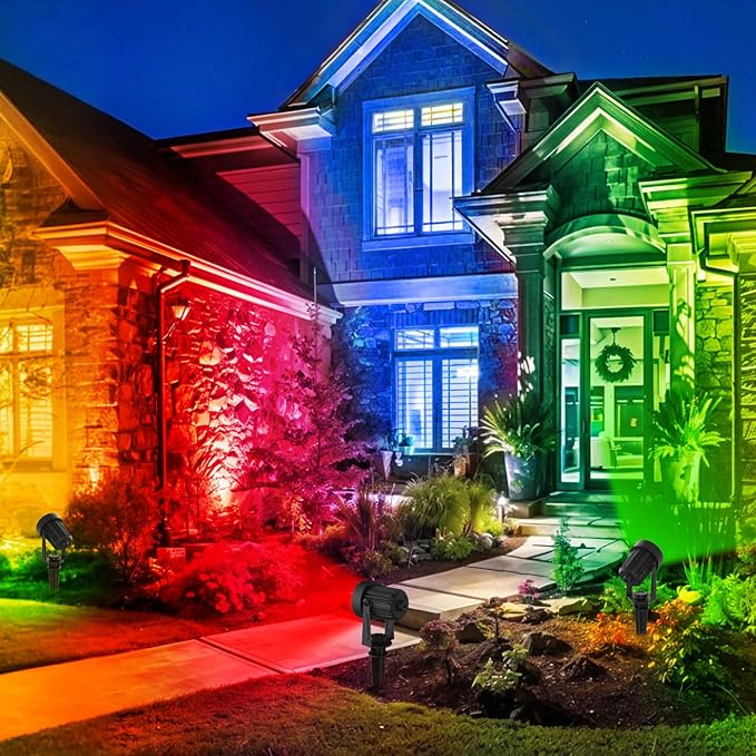 RGB Solar Spot Lights Outdoor 4Pack Color Changing Landscape Lighting IP65 Waterproof Auto Dusk to Dawn SpotLights Christmas Decorative Lighting for Garden Yard Pathway