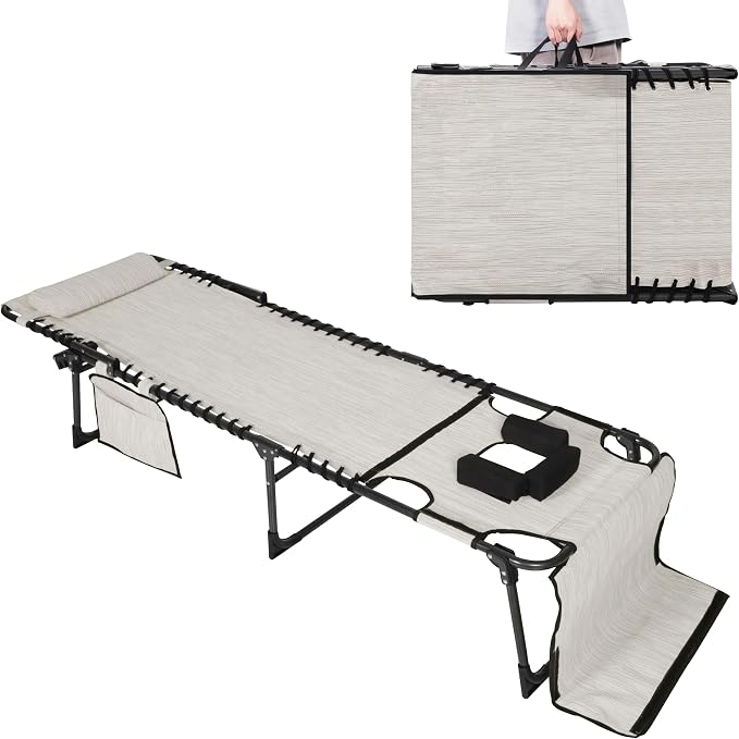Outdoor Chaise Lounge Chair with Face Hole and Arm Hole, Tanning Chair with 5 Position Adjustable Back, Foldable Lounge Chair with Detachable Pocket and Pillow for Beach, Pool, Cream White