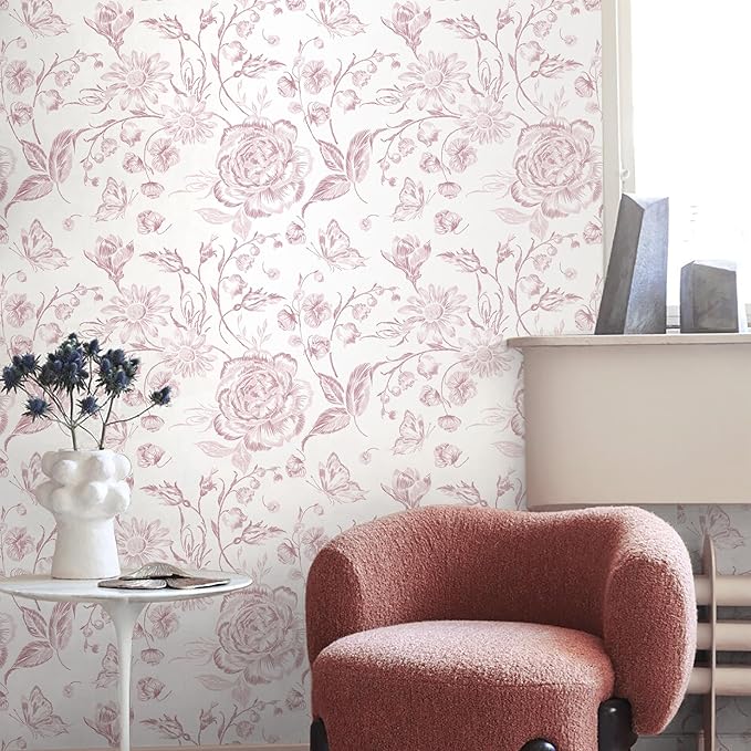 Yasinet Pink Floral Wallpaper Boho Peel and Stick Wallpaper Pink and White