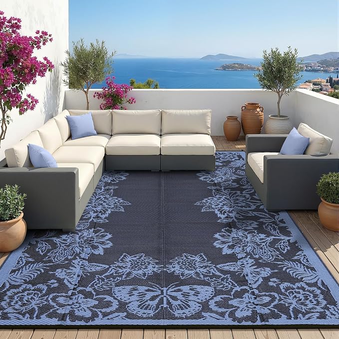 Garvee Outdoor Rugs 9' x 12’ Waterproof Reversible Mats, Large Area Plastic Straw Rug, Outside Carpet, Butterfly Floral Rv Mat for Patio Camping Picnic Backyard Deck Balcony Porch Beach Trailer