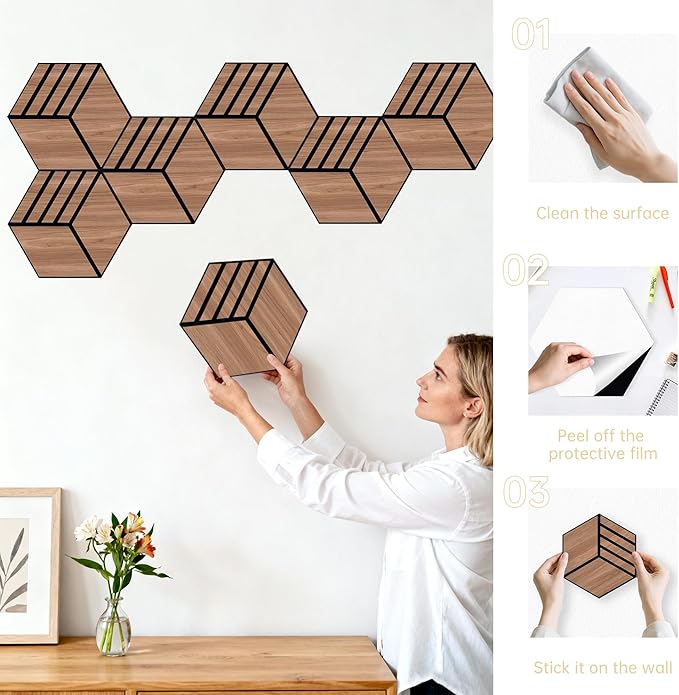 Mollywell Acoustic Panels, PVC Wood-Grain, 14x12 Inch Hexagon Carved Sound