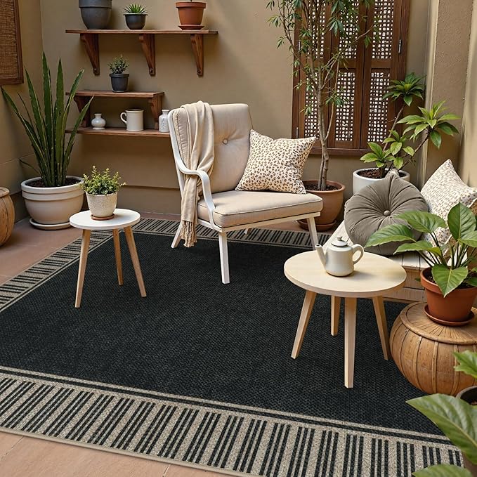 OJIA Easy Jute 5x7 Outdoor Rug, Washable Patio Rugs for Living Room Striped Border Indoor Outdoor Carpet Farmhouse Non-Slip Black Rug Geometric Area Rug for Porch Backyard Dining Room