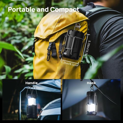 Consciot LED Camping Lantern - 2-Pack USB C Rechargeable & Battery Powered | Emergency Light with Flashlight & Magnetic Base - Black