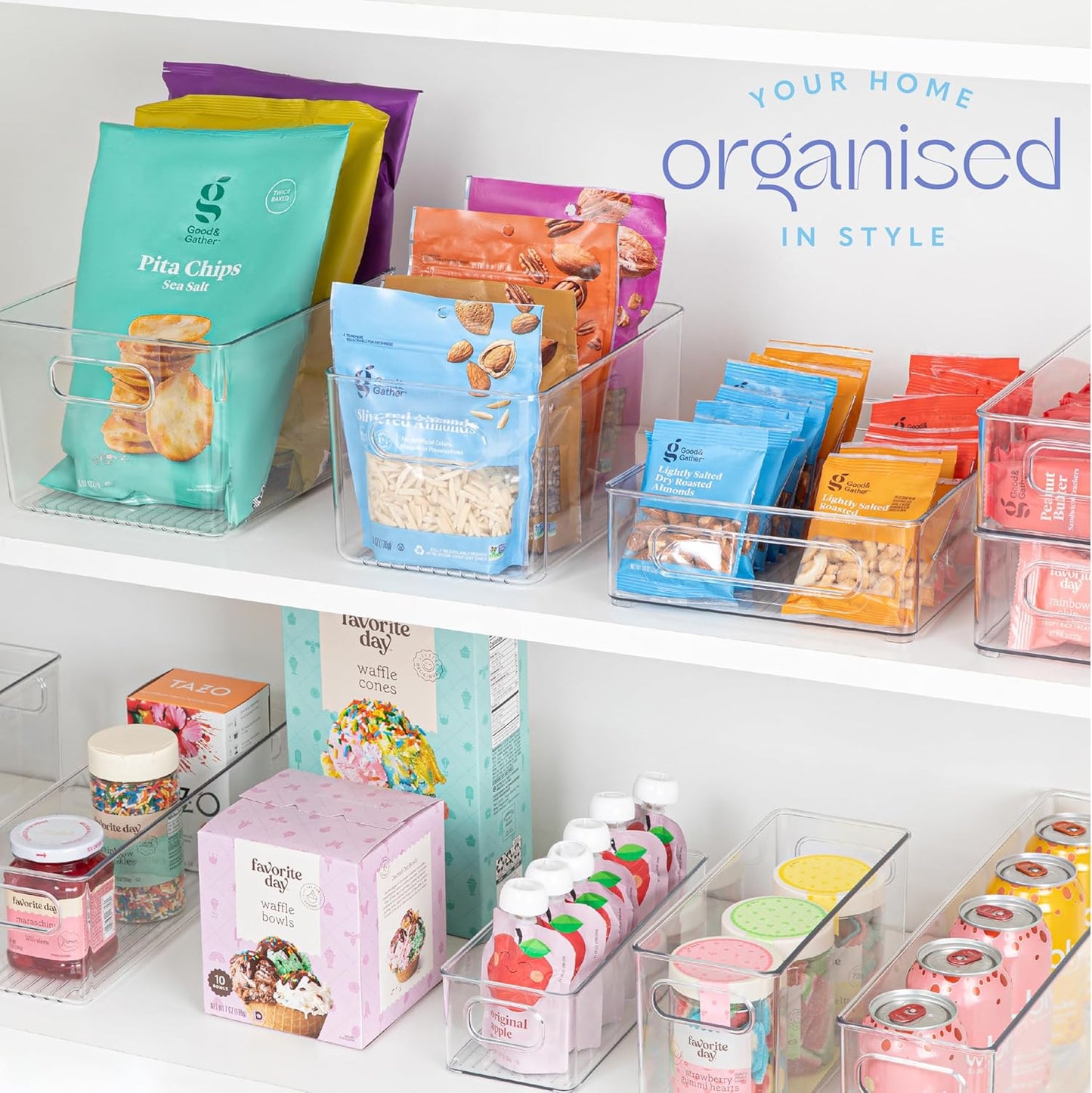Plastic Food Storage 4 Pack Clear Container Bin with Handles for Organizing Kitchen, Pantry, Fridge, Freezer, Pantry,Bathroom. 10"x6"x5"