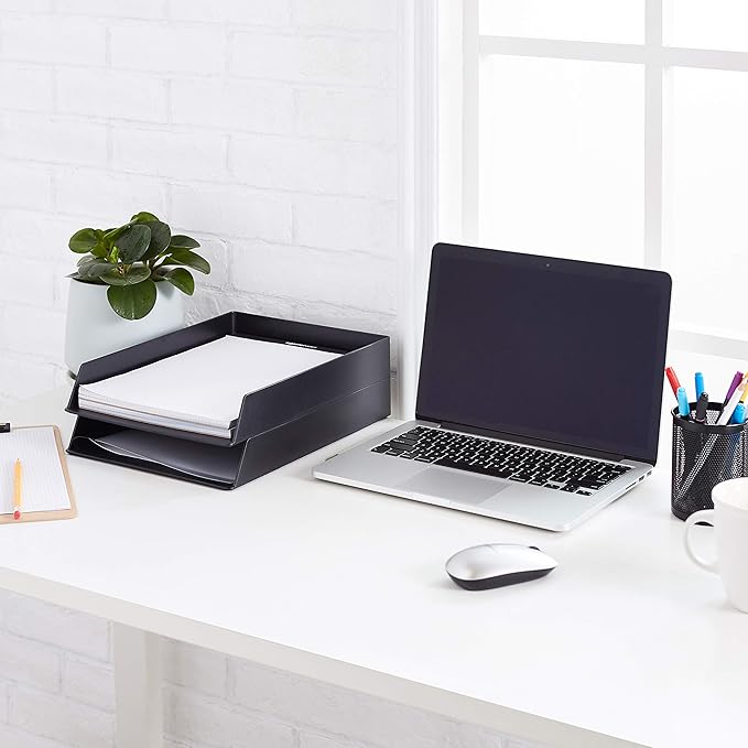 Amazon Basics Rectangular Plastic Desk Organizer, letter size Tray, 2-Pack, 9.7 x 2.2 x 13 inches, Black