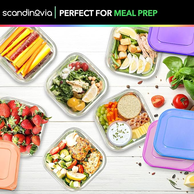 SCANDINOVIA - 25 oz Food Storage Containers with Lids - 24 sets - Dry & Hot Plastic Meal Prep - BPA Free Bento Box - Dishwasher, Microwave and Freezer Safe Stackable Clear Rectangle Bowls