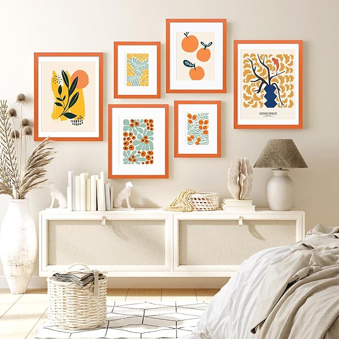 KINLINK 4x6 Picture Frames Orange, Solid Wood Frames with Acrylic Plexiglass for 3.5x5 with Mat or 4x6 without Mat, Tabletop and Wall Display Photo Frame, Set of 4