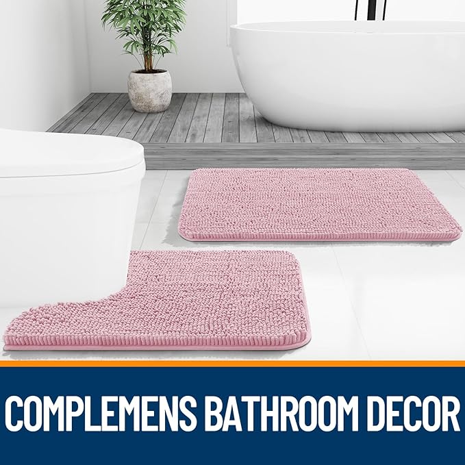 OLANLY Toilet Rugs U-Shaped 24x20, Extra Soft Absorbent Chenille Contour Bathroom Rugs for Toilet, Dry Quickly, Machine Washable, Non-Slip Bath Mat, Dusty Rose