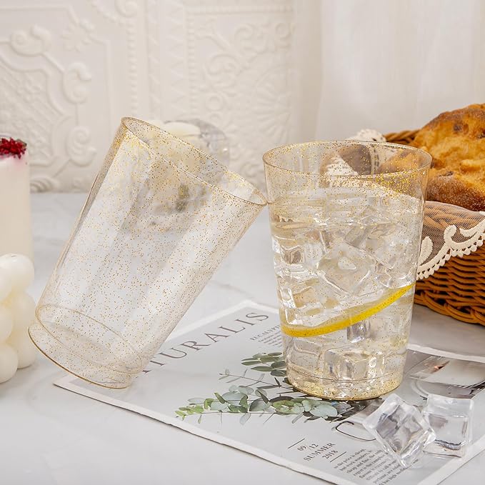 I00000 200 Pack 12 oz Gold Glitter Plastic Cups, Clear Disposable Cups, Disposable Plastic Wine Glasses Cocktail Glasses Premium Cups, 12 Ounce Glitter Tumblers for Party & Wedding