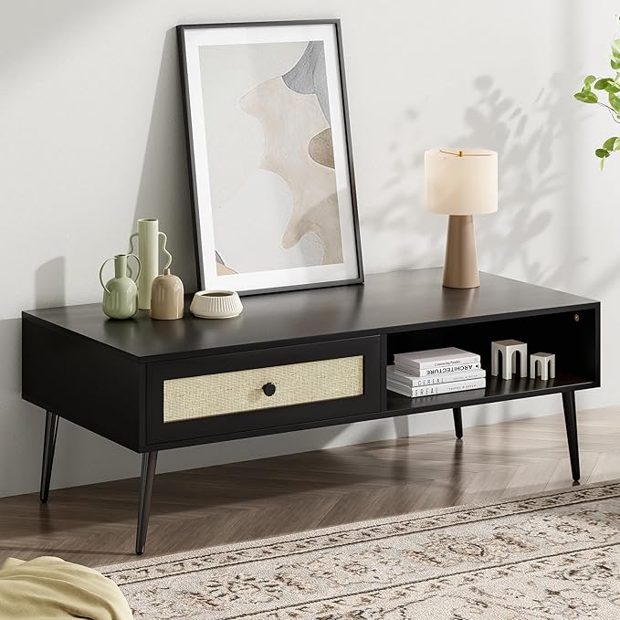 Farini Mid-Century Modern Coffee Table, 47 Inch Rectangle Console Table with Drawer & Shelf, Wooden Coffee Table for Living Room, Office, Black