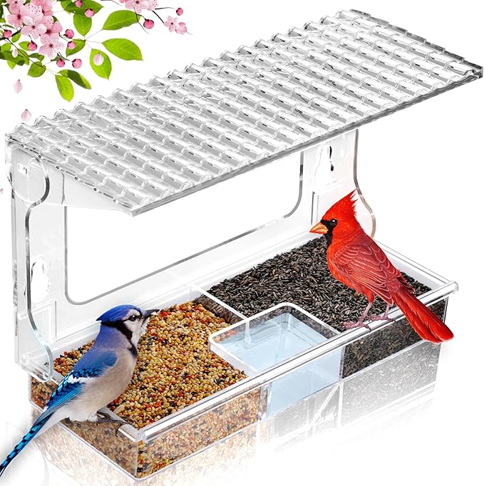 Gbekery Window Bird Feeder for Outdoors with Strong Suction Cups, Acrylic Clear Window Bird Feeders for Viewing with Large Capacity Detachable Seed & Water Tray