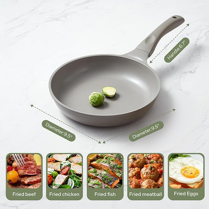Redchef Nonstick Frying Pan Skillet, Non Stick Ceramic Frying Pan, Egg & Omelet Pans, Non Toxic, Kitchen Healthy Cookware, PFAS & PTFE & PFOA Free,Induction Compatible, Gray, 9.5"