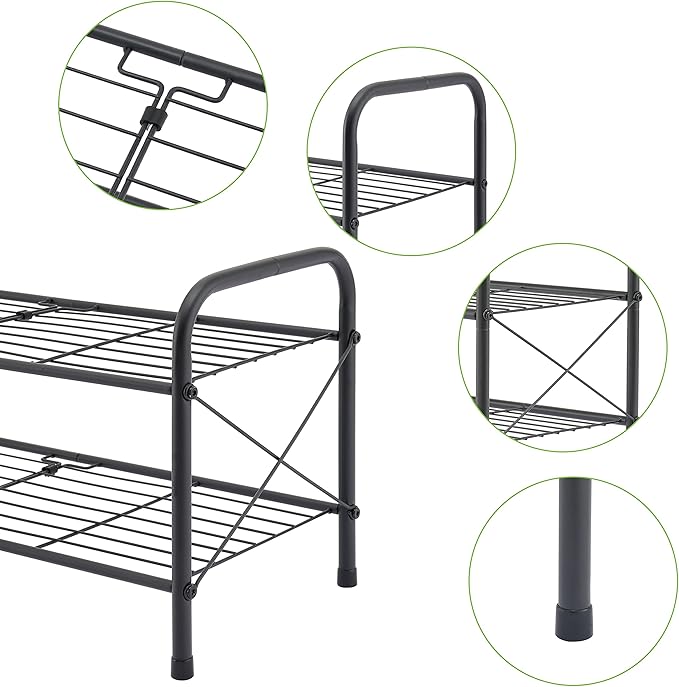 Hoctieon 2 Tier Shoe Rack for Closet, Durable Mesh Style Shoe Rack, Entryway Shoe Shelf, Shoe Storage Organizer for Hallway, Bedroom, Living Room, Wardrobe, Black