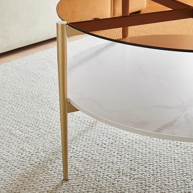 Shrine Modern Coffee Table with Glass Top, Round Table for Living Room, Two-Tier 30-Inch White Wooden Storage Coffee Table, Gold Table Legs Structure & Brown Glass Top