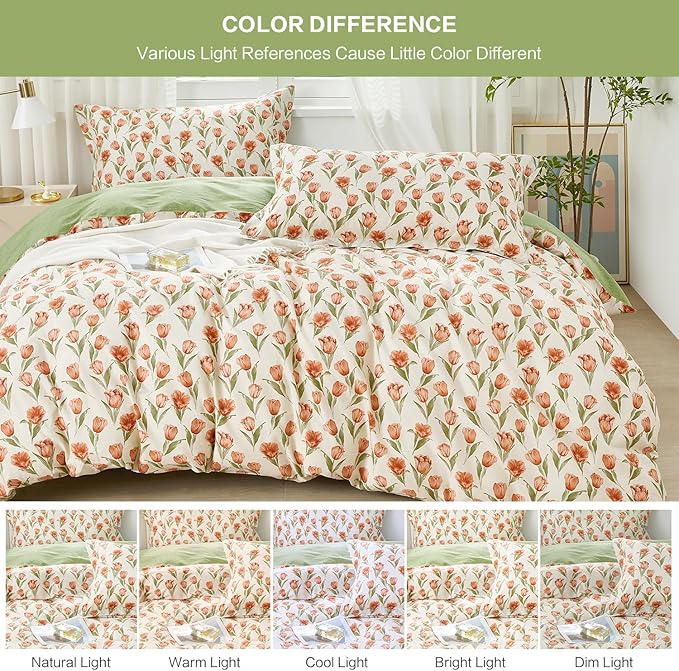 SAPHREAS King Size Red Tulips Floral Duvet Cover Set 3pcs Garden Style Green Leaves Soft Cozy Bedding Comforter Cover Set 100% Cotton 1 Duvet Cover 104"x90" 2 Pillow Shams, Comforter Not Included