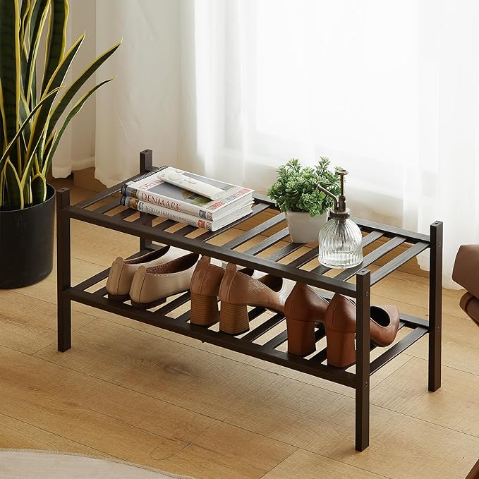 2-Tier Bamboo Shoe Rack for Entryway, Stackable | Heavy Duty | Multi-Function, Free Standing Shoe Racks for Bedroom Hallway Closet
