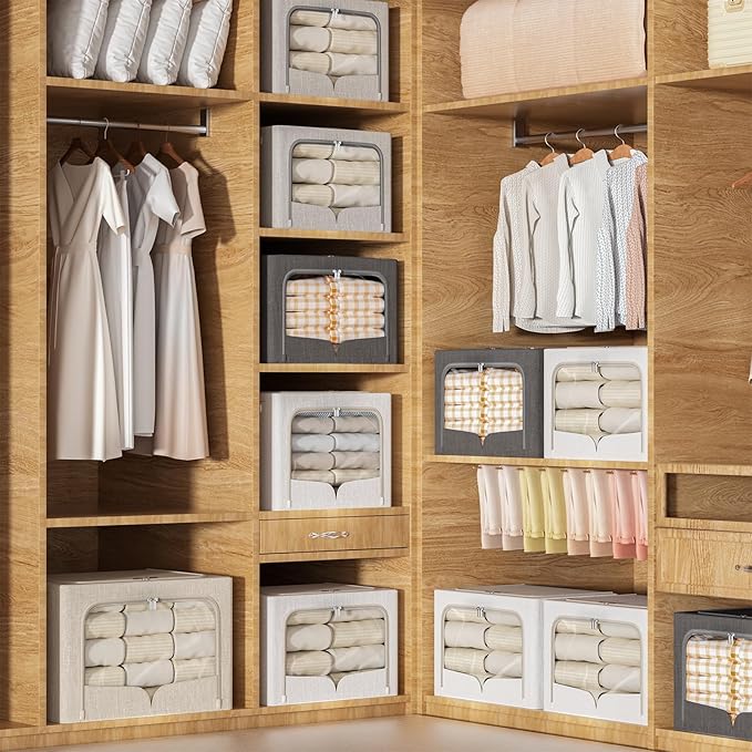 FHSQX 3 Pack Clothes Storage Bins Foldable Metal Frame Storage Box Stackable Linen Fabric Container Organizer Set with Carrying Handles and Clear Window (Cream White, 15.7x11.8x11.8inch(36L))
