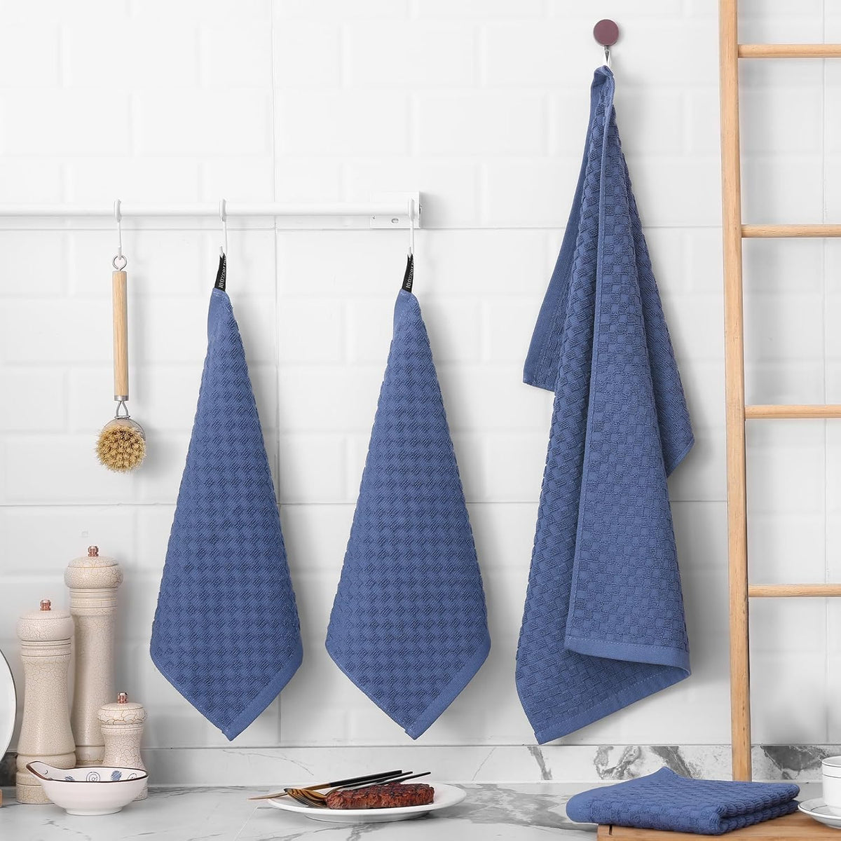 Fintale 100% Cotton Kitchen Towels and Dishcloths Set, 12 x 12 & 15 x 25 Inches, Set of 10 Bulk Super Soft and Absorbent Terry Cloth Dish Towels, Quick Drying Hand Towels with Hanging Loop, Navy Blue