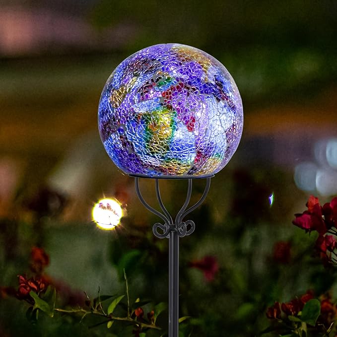 VCUTEKA Solar Outdoor Lights Garden Decor Mosaic Solar Garden Lights Waterproof Glass Ball LED Pathway Stake Light for Landscape Lawn Patio Yard Decoration 6 inch, Purple
