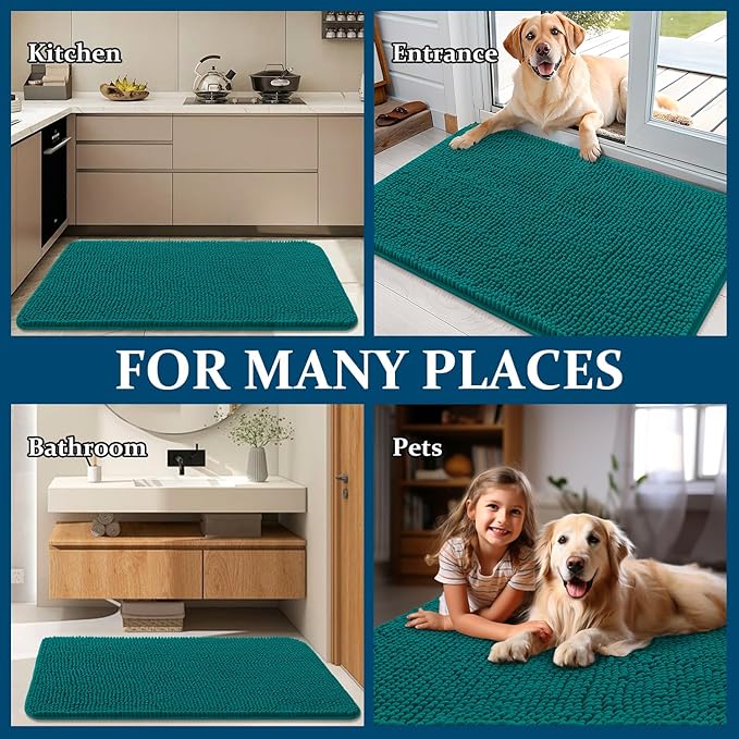 OLANLY Dog Door Mat for Muddy Paws 70x46, Absorbs Moisture and Dirt, Absorbent Non-Slip Washable Doormat, Quick Dry Chenille Mud Mat for Dogs, Entry Indoor Entryway Carpet for Inside Floor, Lake Blue