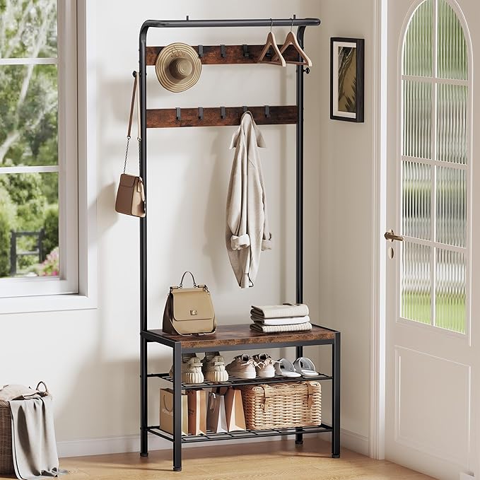 DUMOS Hall Tree with Shoe Bench and Coat Rack, Entryway Bench with Shoe Storage and Hooks, 4-in-1 Coat and Shoe Rack for Entryway, Mudroom Storage Organizer with Shelves, Brown