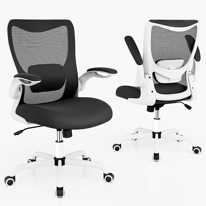 Office Chair, Ergonomic Desk Chair with Adjustable Lumbar Support and Flip up Armrest, Breathable Mesh Computer Chair for Home Office, White