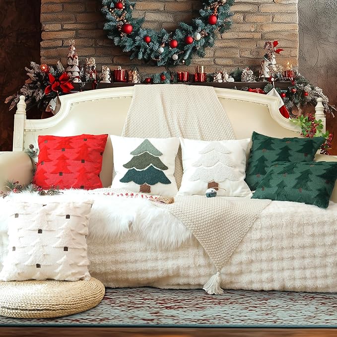 GEEORY Christmas Pillow Covers 24x24 Inch Set of 2, Christmas Decorations Xmas Tree Soft Plush Fluffy Faux Fur Decorative Throw Pillows Farmhouse Winter Cushion Case Beige Brown GC034-24