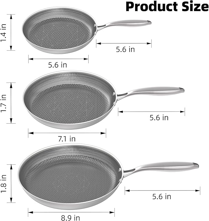 COOKER KING Non-toxic Frying Pans Set of 3 (8+10+12 Inch), Tri Ply Stainless Steel Pans, Induction Pan Set, Chef's Pan, Skillets Dishwasher & Oven Safe, Stay-Cool Handles, Compatible with All Cooktops