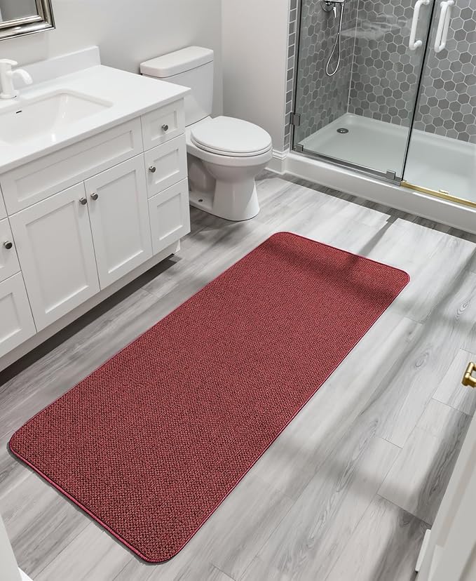 Bath Mat,Ultra Thin Bathroom Runner Rugs,Large Bath Mats for Bathroom,Quick Dry,Non-Slip,Machine Washable,Low Pile,Bath Rug,Shower Outside,Sink,Home Decor Accessories.Red,2'x5'(24x60inch)