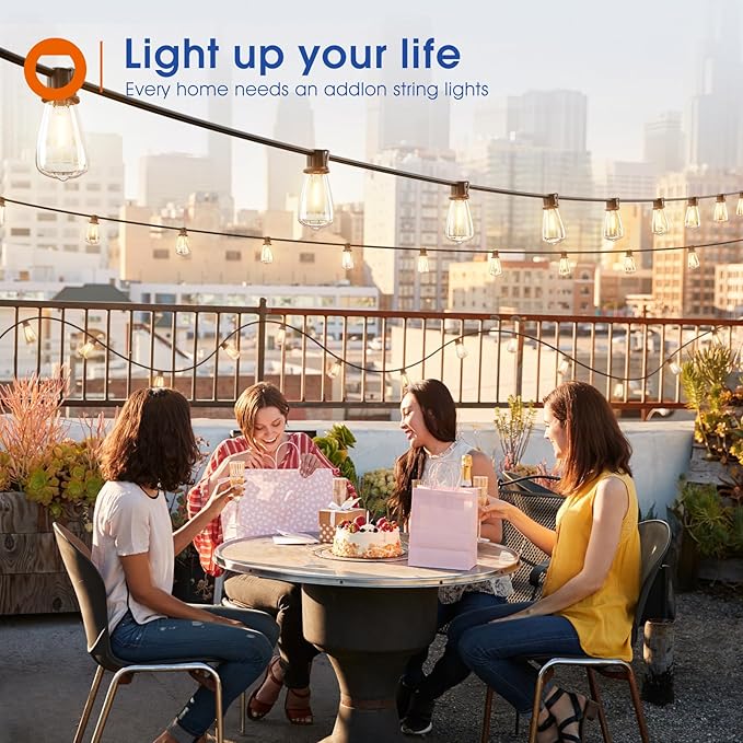 addlon 50FT LED Outdoor String Lights Waterproof Patio Lights with 27 Shatterproof ST38 Replaceable Bulbs(2 Spare), Dimmable Outside Hanging Light Connectable for Porch, Backyard, 2200K Warm Yellow