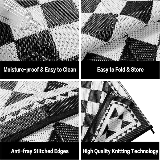 HUGEAR Outdoor Waterproof Rug 8'x10' Plastic Straw Rugs Washable Reversible Floor Mat Black/White Plaid Carpet for Camping RV Deck Entryance Porch Picnic Balcony Beach Backyard