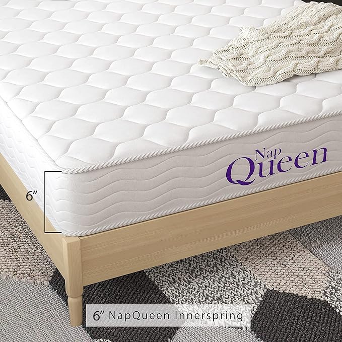 NapQueen 6 Inch Innerspring Queen Size Medium Firm Support Relief Mattress, Bed in a Box, White