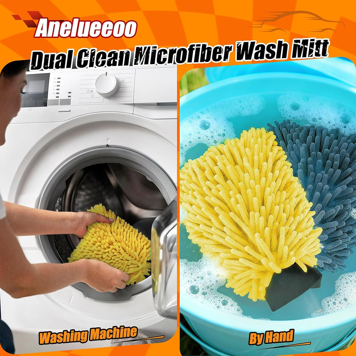 Car Wash Mitt Microfiber, Premium Chenille Microfiber Wash Car Mitts Sponge Scratch Free & Lint-Free, Mitts Waterproof Lining 4 Pack Yellow (8''X12'')