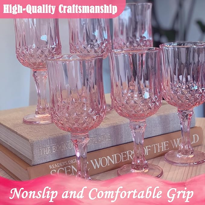 Plastic Wine Glasses,Plastic Goblets Vintage Style Cordial Drinking Glasses for Wedding Reception, Grand Event Party Supplies (24, Pink)