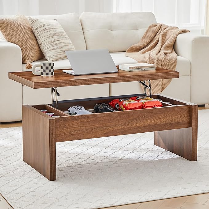 Small Lift Top Coffee Table, Wood Rectangle Coffee Table with Lifting Top and Hidden Storage Compartment, Mid Century Modern Center Tables for Small Space, Living Room, Office (Walnut)