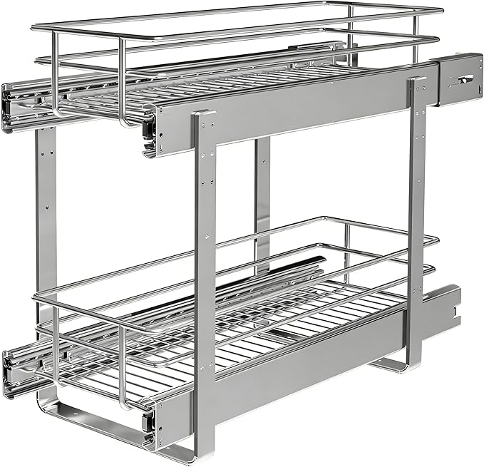 (8" W x 22" D 2-Tier Narrow Cabinet Pull Out Shelves | Heavy Duty Slide Out Shelves for Kitchen Cabinets, 22 Inch Deep Under Cabinet Organizer, Chrome
