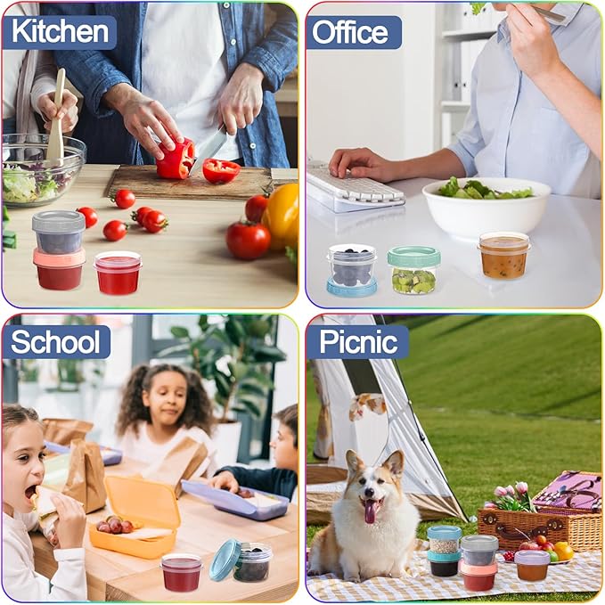 24pcs 2 oz Salad Dressing Container To Go Small Sauce Containers with Lids, Reusable Condiment Cups for Lunch Box, Leakproof, Freezer, Microwave & Dishwasher Safe