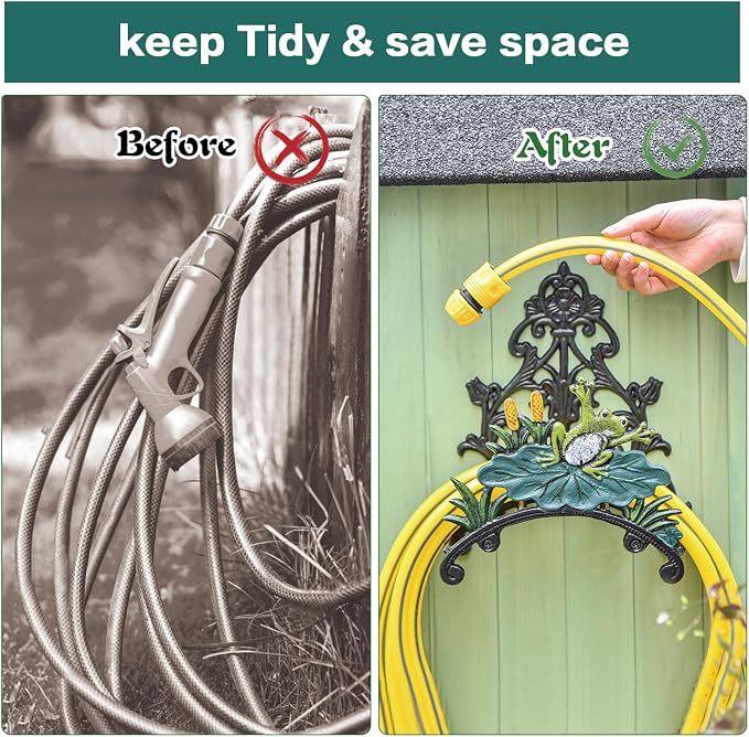 Sungmor Cast Iron Heavy Duty Garden Hose Holder - Decorative Hand-Painted Frog Wall Mounted Water Hose Hanger - Wall Decoration Hanging Hose Rack - Hose Reel Storage Butler - Metal Hose Stand