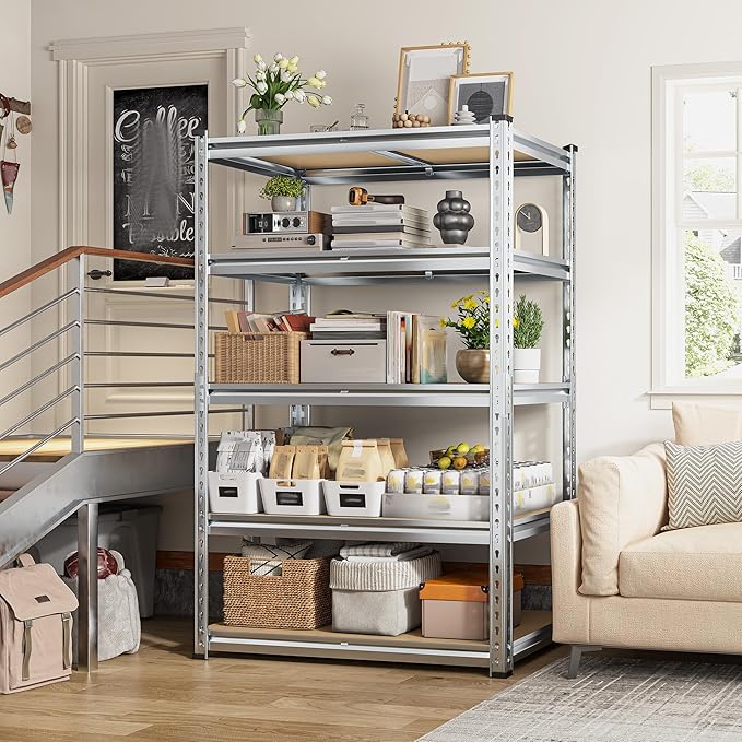REIBII Garage Shelving, 5 Tier Storage Shelves Load 2020LBS, Adjustable Garage Shelves Heavy Duty, Metal Shelving Unit with Waterproof Columns, 35.5" W x 11.9" D x 72" H, Galvanized