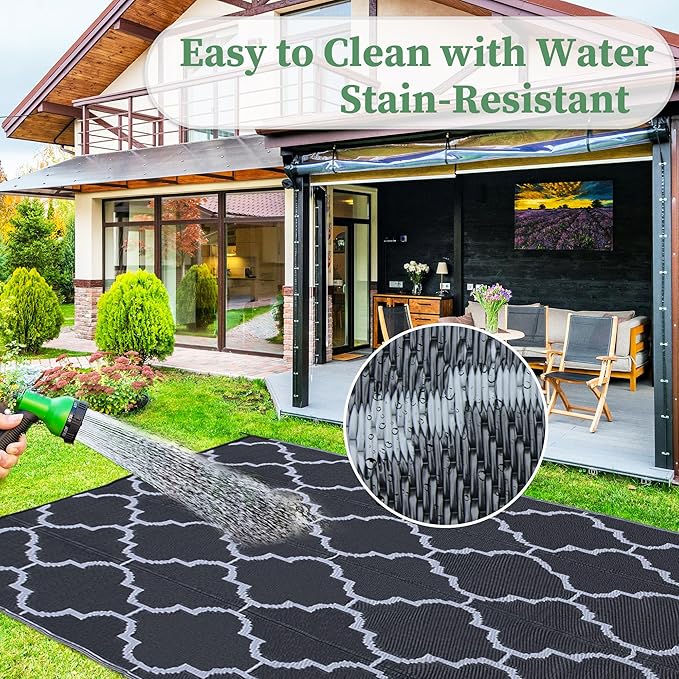 Ogrmar 8x10 FT Reversible Mats, Outdoor Rug for Patio Clearance, Waterproof Carpet, Plastic Straw Rug for Indoor Outdoor, Floor Mat&Rug for RV Porch Camping Backyard Deck Balcony Beach Trailer (Black)