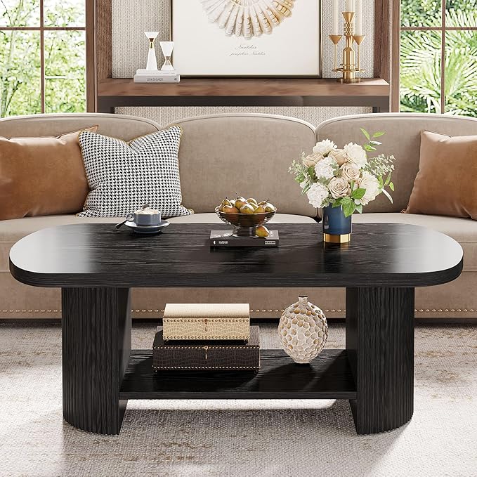 Tribesigns Oval Coffee Table, Mid-Century 2-Tier Coffee Table with Storage Shelf, Modern 45.27" Accent Center Table with Wooden Dual Base for Living Room Bedroom Apartment (Black)