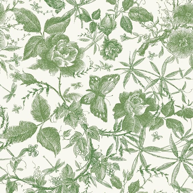 JiffDiff Floral Vintage Wallpaper Peel and Stick,Green Rose Wallpaper Removable