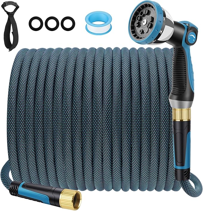 Non-Expandable Garden Hose 100 FT, Lightweight Hose with 10 Function Spray Nozzle, Kink-Free Flexible Water Hose, Durable, Leak-Proof, 360° Swivel Connectors, Portable Storage Strap